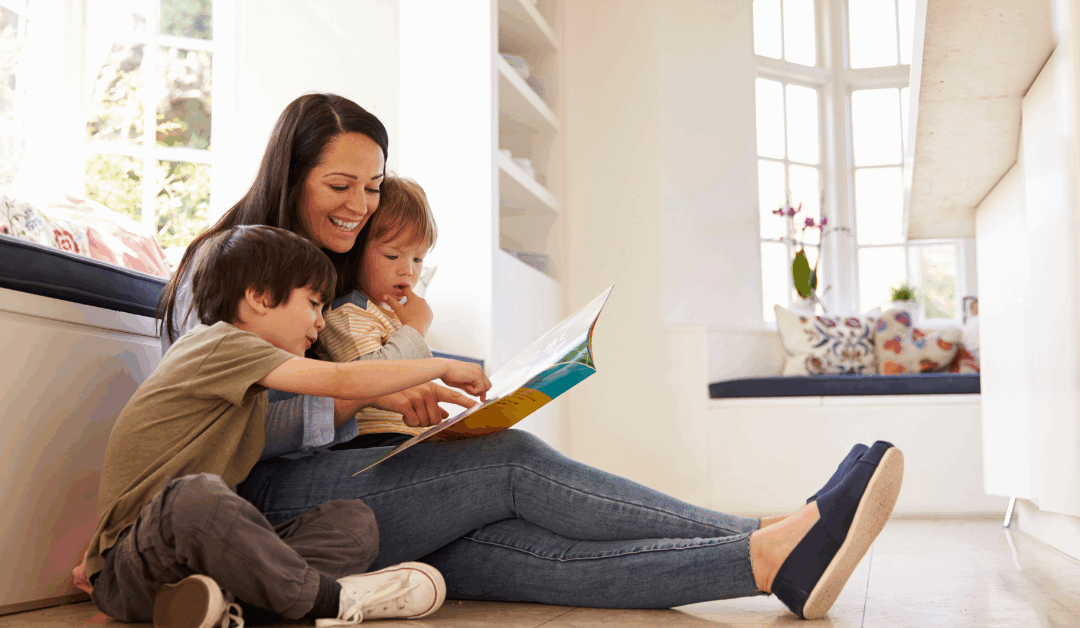 single mom with 2 kids on her lap